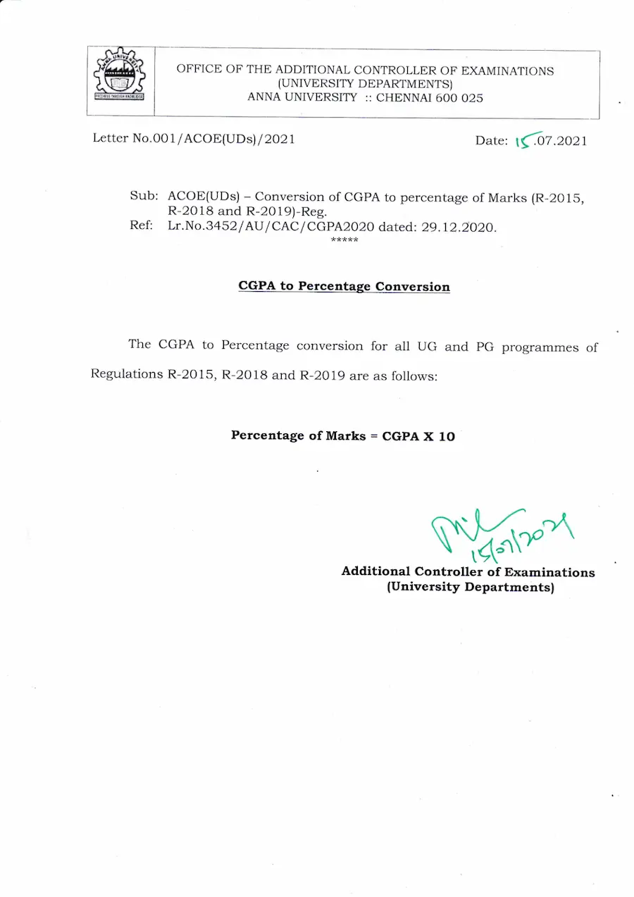 Anna University CGPA Calculator and Percentage Conversion